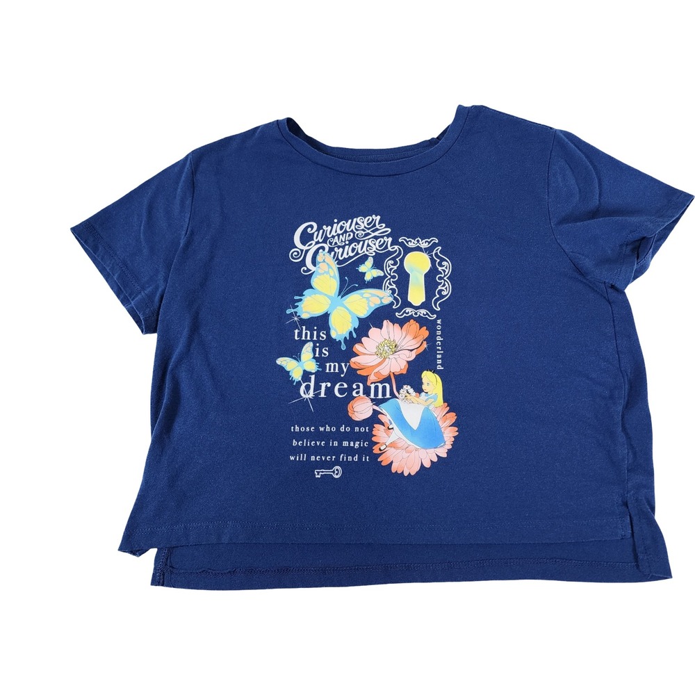 Disney Alice in Wonderland Navy Blue Graphic Cropped T-Shirt LG